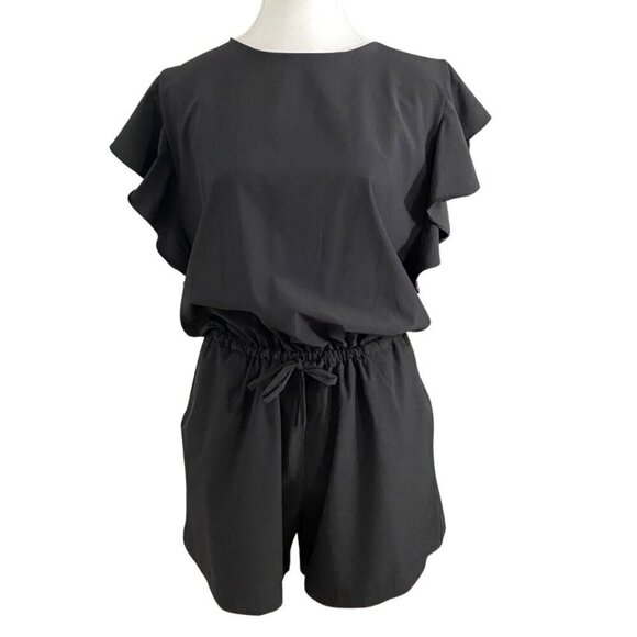 ALBION BLACK RUFFLE NYLON ELASTIC WAIST ROMPER - M - Picture 2 of 9